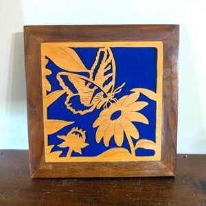 Wooden Scroll Saw Pattern Butterfly Flower Wall Art Floral Decor Framed Vintage